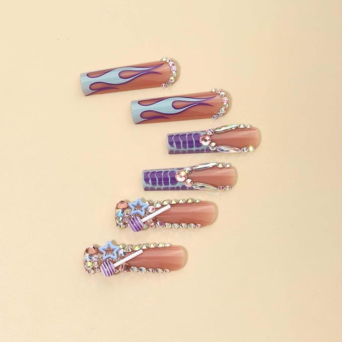 Press on Nails Long Square Purple Fake Nails with Design Full Cover Nails (Purple)