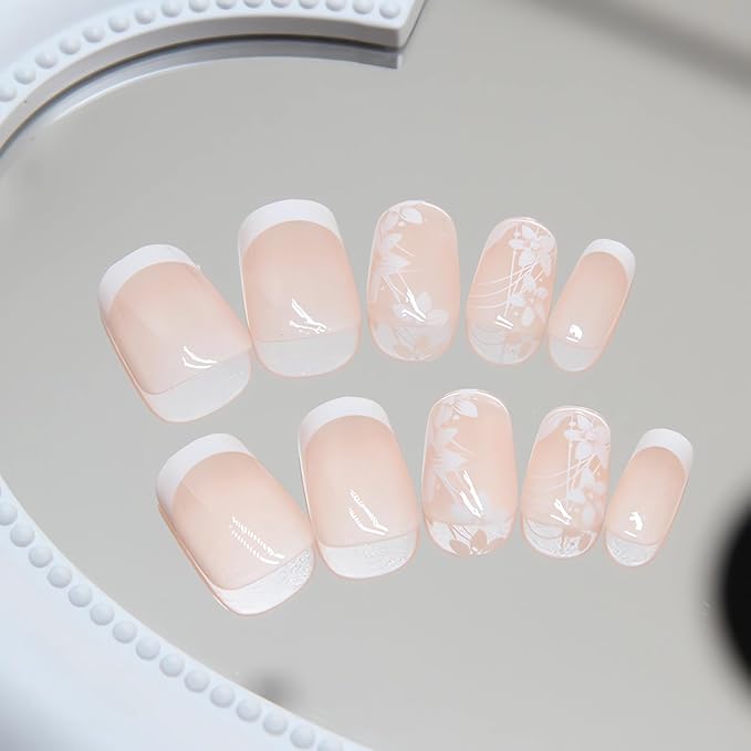 Short Square Press on Nails White French Fake Nails with Flower Designs Glossy Full Cover Stick on Nails Short Small Flowers Artificial Acrylic False Nails White Floral Glue on Nails for Women 24Pcs