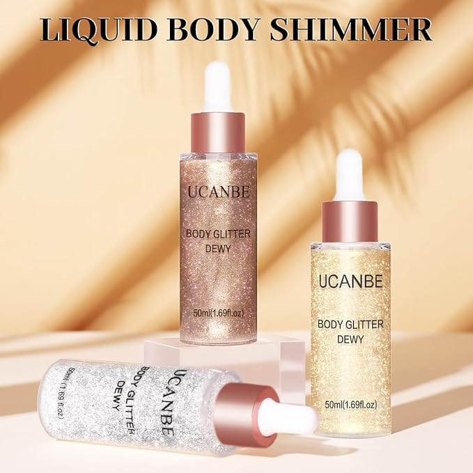 UCANBE Highlighter Makeup Drops Body Glitter Dewy Liquid Face Glow Shimmer for Women Holographic Luminizer Sparkles for Face (Silver Fairy White - 02)-VivaGrace Women