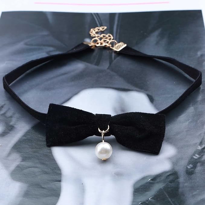 Vintage Satin Choker Necklace Pearl Pendant Necklace Black Bow Necklace Punk Leather Collar Necklace Chain Jewelry for Women and Girls-VivaGrace Women