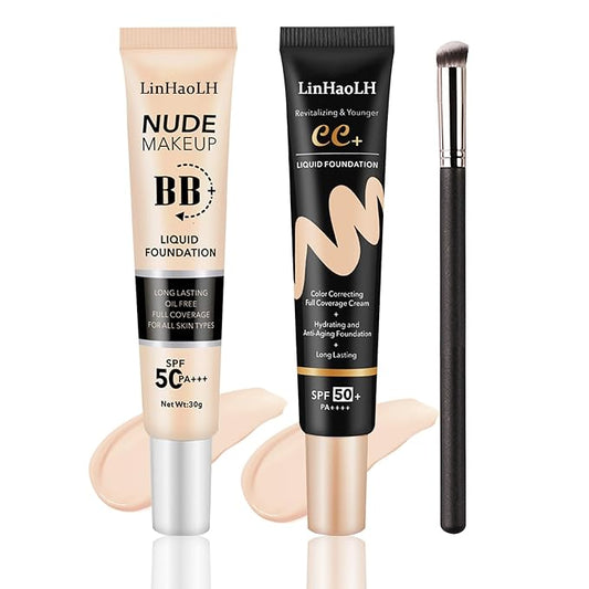Full Coverage Concealer Foundation,Oil Control Long Lasting Lightweight BB Cream Tinted Face Moisturizer with SPF 50+ PA+++,Moisturizing CC Cream Liquid Foundation Makeup Brush Set（2 Pack）-VivaGrace Women