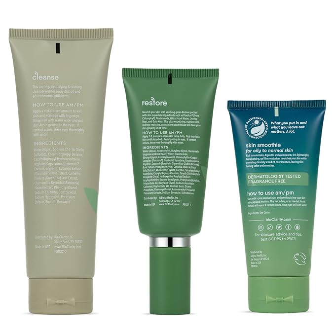 BioClarity 3-Step Essentials Skin Routine for Normal & Oily Skin Types | Cleanse, Restore and Moisturize | Gentle Clean and Hydrate Face | 100% Clean, Vegan Ingredients (Full Size)-VivaGrace Women