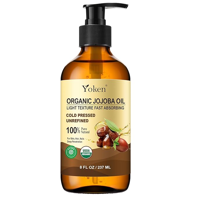 Yoken Organic Jojoba Oil Glass Bottle 8 fl oz, USDA Certified 100% Pure & Natural Jojoba Oil for Hair, Skin & Face, Cold Pressed Unrefined Hexane Free, Deeply Moisturizing Body Serum Oils for Gua Sha-VivaGrace Women