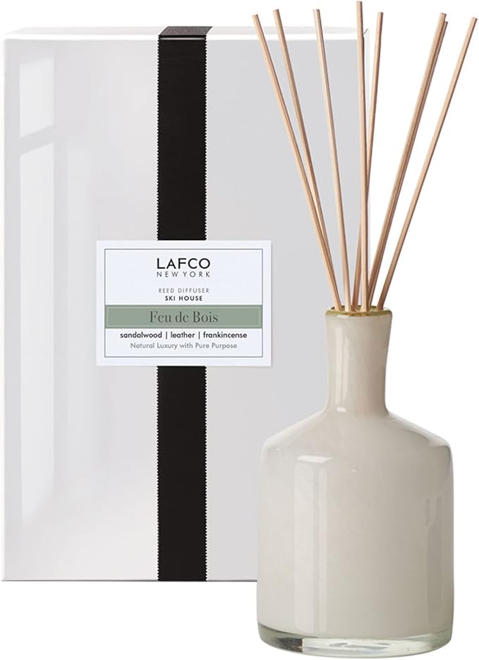 LAFCO New York Signature Reed Diffuser, Feu de Bois - 15 oz - Up to 9 Months Fragrance Life - Reusable, Hand Blown Glass Vessel - Natural Wood Reeds - Made in The USA-VivaGrace Women