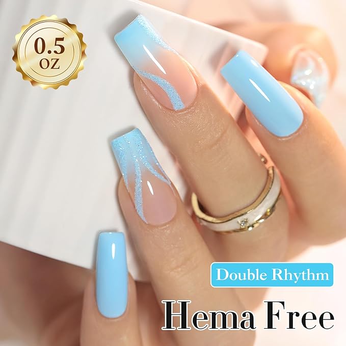 Double Rhythm 0.50 OZ Gel Polish Hema Free Same Color Same Bottle Golden Round Translucent Neutral Natural Milky 15 ML Jelly UV Polish Art DIY at Home (Pastel Blue-C1560)