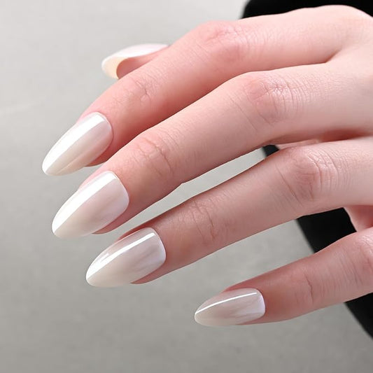 Chrome Press on Nails Short Almond, White Press on Nails Almond, Fashion Gel Fake Nails, Reusable Glossy Stick on Nails for Women, Glue on Nails Kit,15 Sizes - 30Pcs
