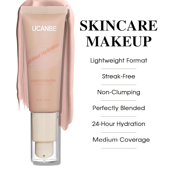 UCANBE Matte Liquid Foundation with Brush, Serum Foundation Face Makeup with Hyaluronic Acid, Medium to Full Coverage Waterproof Oil Control Longwear, for Mature Skin, Natural Ivory, 1 fl. oz.-VivaGrace Women
