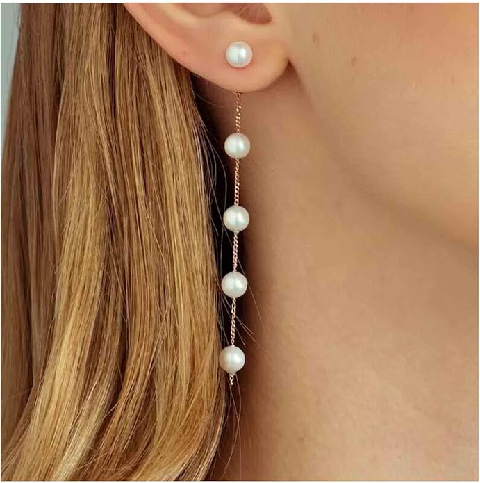 Boho Long Pearl Drop Earrings Vintage Gold Tassel Pearl Dangle Earrings Statement Pearl Chain Drop Dangle Earrings Wedding Prom Bridal Pearl Hook Earrings Jewelry for Women-VivaGrace Women