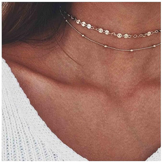 Boho Layered Satellite Disc Choker Necklace Gold Sequin Disc Chain Necklace Vintage Double Layer Necklace Short Collarbone Necklace Chain Jewelry for Women and Girls Gift-VivaGrace Women