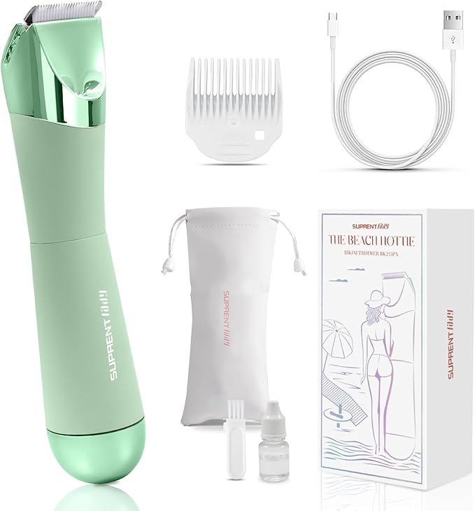 SUPRENT Bikini Trimmer Women - Painless Ladies Hair Removal - Waterproof Wet & Dry - 2 in 1 Lady Shaver for Pubic & Facial Hair - Cordless Electric Razor with USB-C Rechargeable - Green-VivaGrace Women