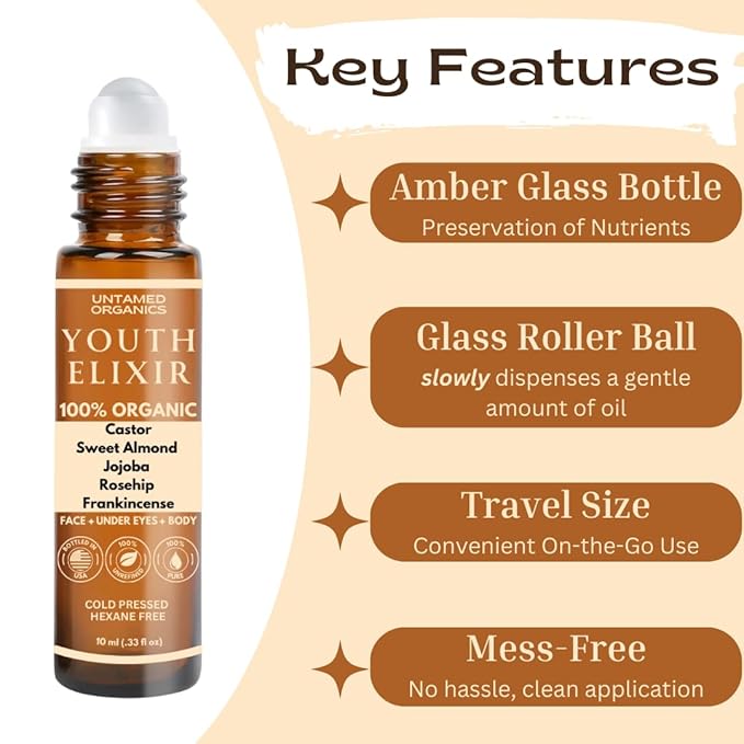 Youth Elixir - Roll On Facial Serum For Under Eyes and Face with Certified Organic, Cold Pressed, Hexane Free Castor, and Frankincense Oil - Miracle Anti-Aging Oil 10mL-VivaGrace Women