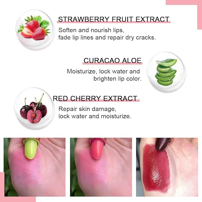 evpct 3Pcs Magic Color Changing Lipstick 24 Hours Original for Women Lasting Waterproof, Aloe Vera Strawberry Black Red Cherry PH Mood Permanent Hardpointing color changing Lipstick Tinted Lip balms-VivaGrace Women