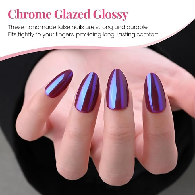 Aurora Chrome Purple Press On Nails Short Almond 30 Pcs, Designer Reusable Acrylic Fake Nails with Glue, Glossy Soft Gel Nails Wedding and Party, Stick On Glue On Nails, Nails fro Women Gift