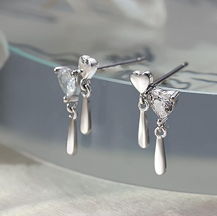 Vintage Crystal Heart Drop Earrings Silver Cz Teardrop Earrings Rhinestone Love Heart Stud Earrings Sparkly Tiny Heart Earrings Jewelry for Women-VivaGrace Women