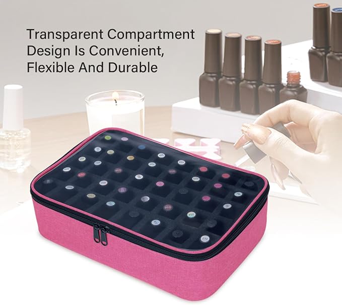 Small Clear Nail Polish Organizer Holds 40 bottles(15ml-0.5fl.oz) Nail Polish Case Multifunctional Nail Polish Bag organizer, Cosmetic Travel Makeup Bags for Women Rose Red