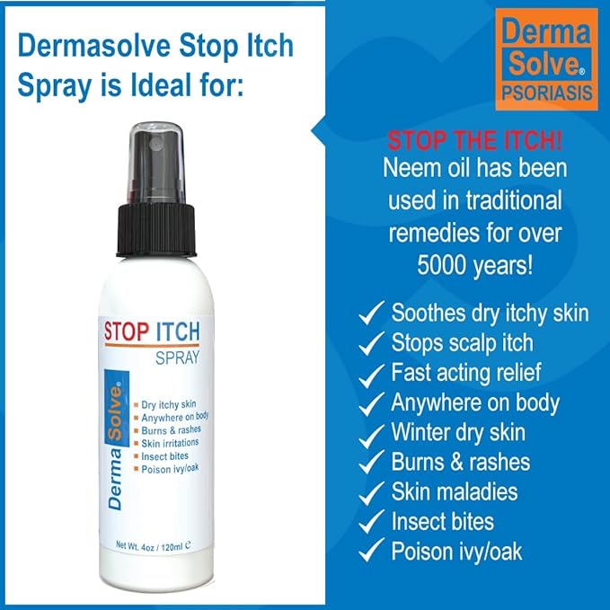 Dermasolve Stop Itch Spray with 100% Organic Neem Oil, Scalp and Body Psoriasis Relief, Dry Skin, Bites, Sunburn, Burns and Rashes-VivaGrace Women