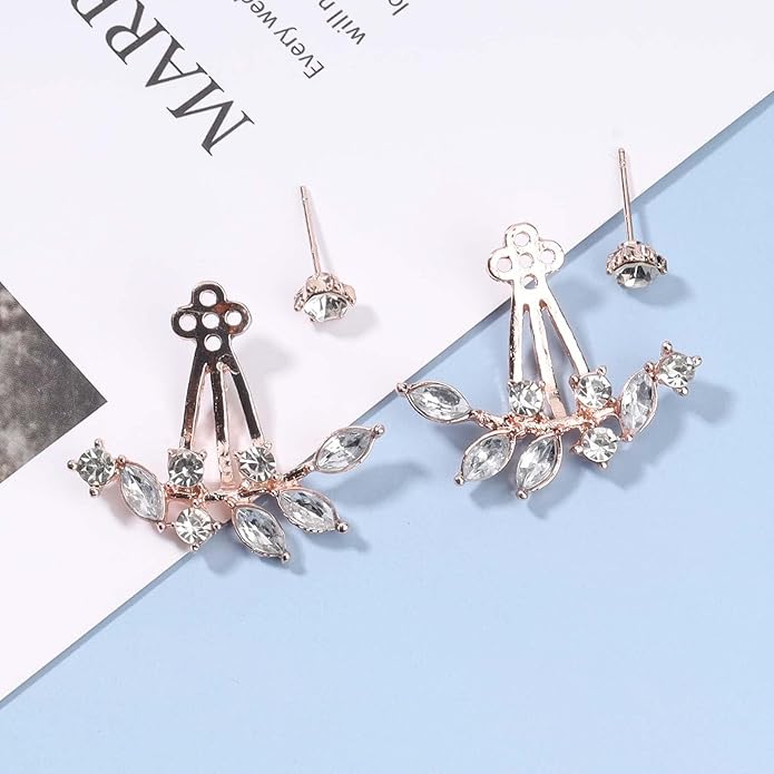 Boho Crystal Leaf Ear Jackets Earrings Gold Cz Crystal Earrings Rhinestone Front Back Studs Earrings Minimalist Earrings Jewelry for Women and Girls Gifts-VivaGrace Women