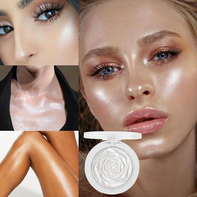 Pearl White Face Highlighter Makeup Shimmer Glitter Rose Sparkly Highlighters Makeup Powder Palette for Face Cheek Skin iluminadores iluminador (pearl white)-VivaGrace Women