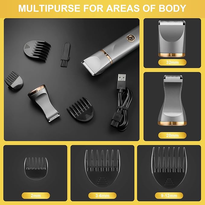 AREYZIN Body Hair Trimmer for Women Electric Body Shaver for Back Chest Armpit Legs Pubic Hair, USB Rechargeable, Replaceable Snap-in Ceramic Blades, IP7X Waterproof for Wet and Dry Use,Gray&Gold-VivaGrace Women