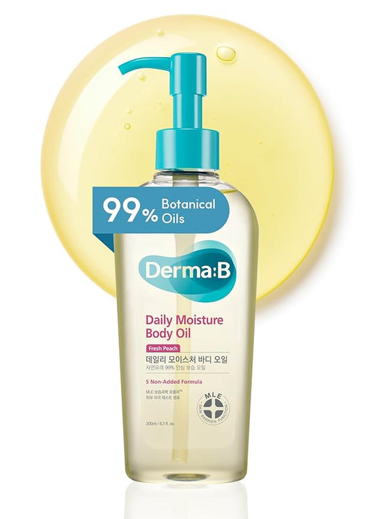 Derma B | Daily Moisture Body Oil | 99% Natural Argan & Sweet Almond Oil | Shower Oil for Dry Sensitive Skin | Light & Long-Lasting Hydration | Skin Body Care Oil with Peach Scent | 6.78 fl oz (200ml)-VivaGrace Women