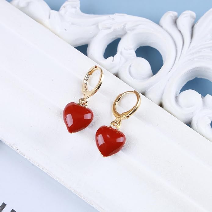 Vintage Heart Dangle earrings Red Coral Earrings Red Heart Love Huggie Earrings Gold Hoop Huggie Earrings Jewelry for Women-VivaGrace Women