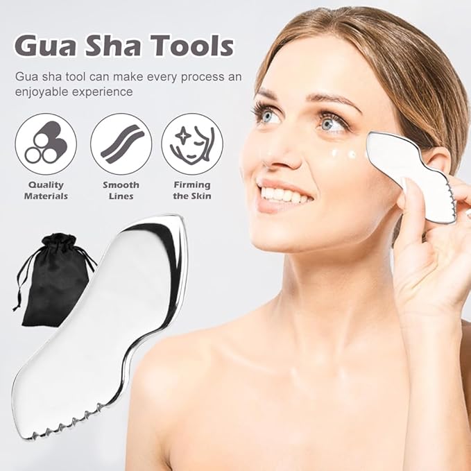 Stainless Steel Gua Sha Facial Tools, Upgrade Gua Sha for Facial Skin, Portable Eyes Neck Massage, Metal Gua Sha Tighten Skin Massage Guasha Beauty Tool-VivaGrace Women