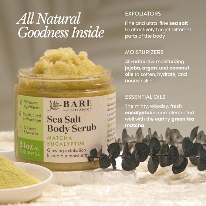 Bare Botanics Matcha Eucalyptus Body Scrub 24 oz - Naturally Scented Sea Salt Scrub Made in Madison, WI - Formulated w/Skin Loving Moisturizers - Vegan, Cruelty Free Exfoliator w/a Cute Wooden Spoon-VivaGrace Women