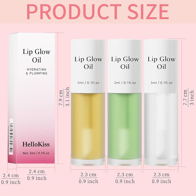 Hellokiss 3Pcs Lip Glow Oil,Moisturizing Lip Plumper Gloss,3 Fruit Flavoured Lip Balm Lip Care,Clear Plumping Lip Gloss,Non-Sticky Long Lasting Hydrating Lip Oil(Honey,Green Apple,Coconut)-VivaGrace Women