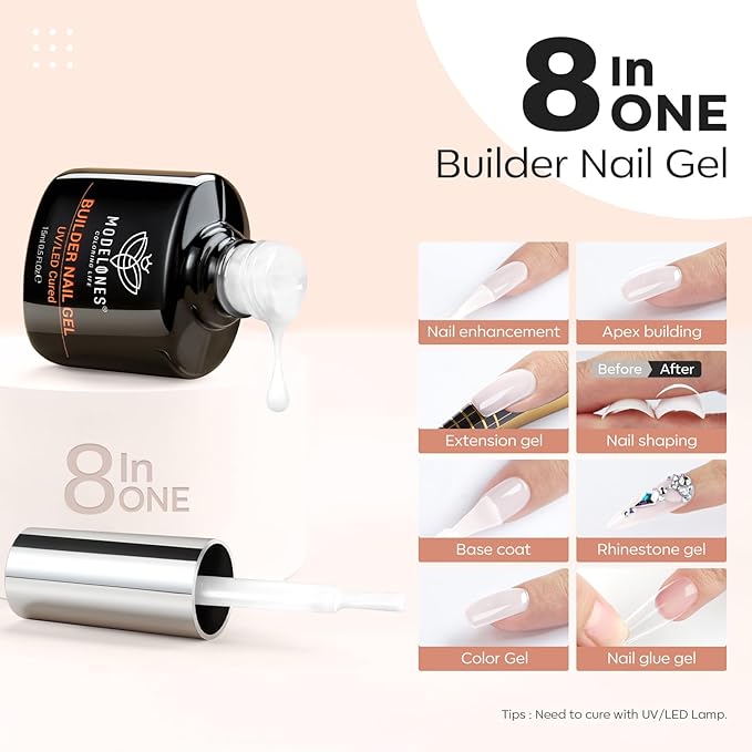 modelones Builder Nail Gel, Milky White Builder for Nail Thickening, 8-in-One LED Lamp Cured Strengthener Hard Color Base Extension Glue Gel Polish in a Bottle for Home DIY Salon Women-VivaGrace Women