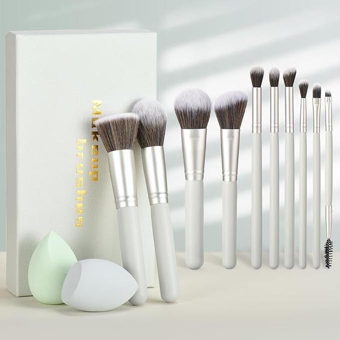 Gift Ready 10 Piece grayish green Makeup Brushs Set and 2 Piece Makeup Sponge – Wooden Handle with Soft Synthetic Bristles, Concealer, Powder – (Ideal for Christmas, Birthday, Women)-VivaGrace Women