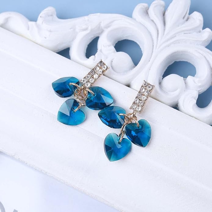 Boho Sapphire Tassel Earrings Blue Crystal Heart Earrings Gold Cz Bar Stud Earrings Blue Cz Heart Drop Earrings Blue Rhinestone Earrings Jewelry for Women-VivaGrace Women