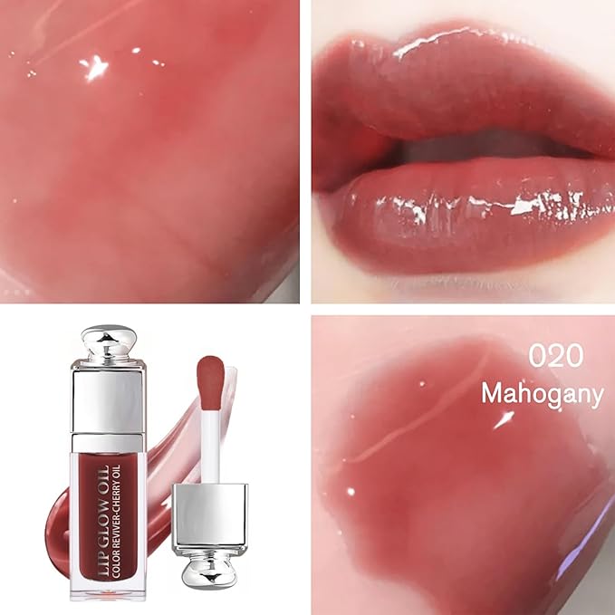 Hydrating Lip Glow Oil-Lip care oil- Lip Oil Tinted for Lip Care and Dry Lips-Prevents Dry Cracked-Non-sticky Big Brush Head-Lip Plumping -Lip Oil gloss tinted-020#MAHOGANY-VivaGrace Women