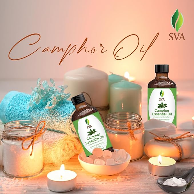 SVA Camphor Essential Oil – 4 Fl Oz – 100% Natural Camphor Oil - for Diffuser, Hair Care, Face, Skin Care, Aromatherapy, Scalp and Body Massage, Soap and Candle Making – with Dropper-VivaGrace Women