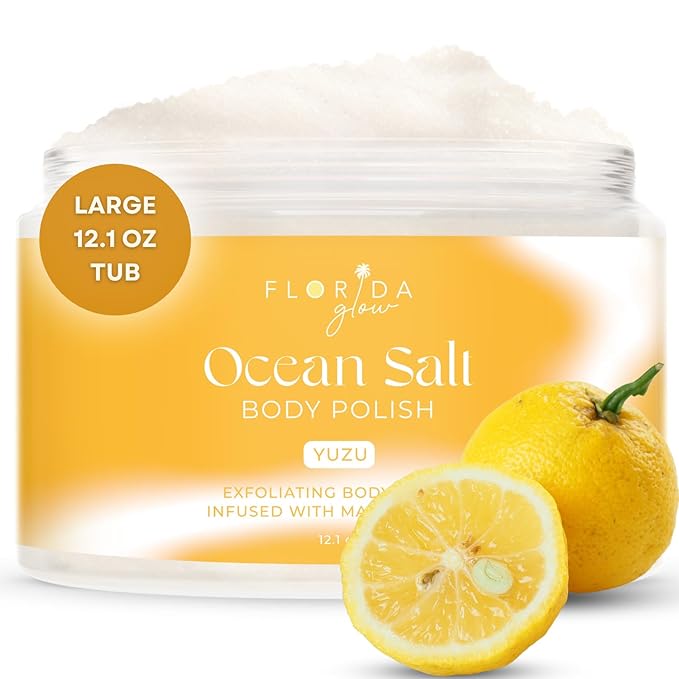 Sea Salt Body Scrub by Florida Suncare - Ocean Salt Body Polish Infused with Marine Algae - Exfoliating Face and Body Scrub - Facial Scrub Exfoliator to Tackle Acne and Scars (Yuzu, 12.1 oz)-VivaGrace Women
