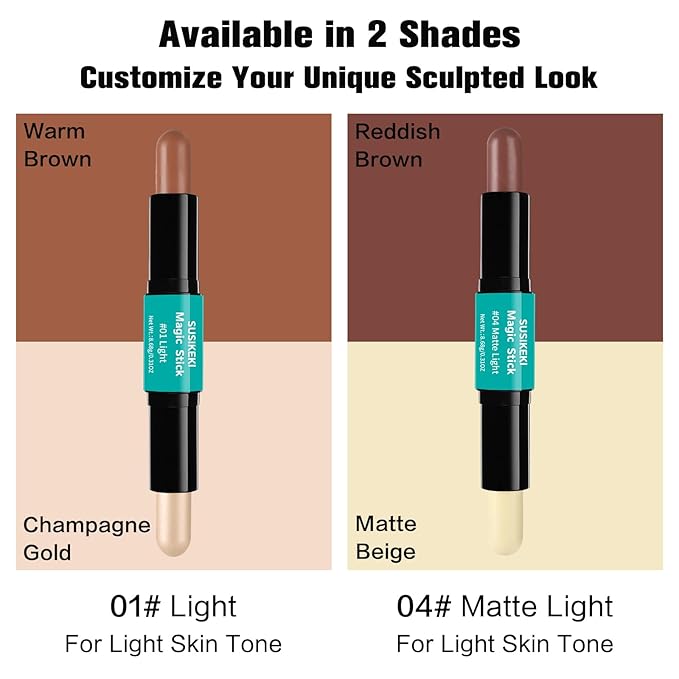 Contour Stick, 2Pcs Dual-Ended Highlighter Makeup Pen & Contouring Stick for Face Shaping, Long Lasting Waterproof Cream Bronzer & Highlight Sticks Make Up Kit for All Skin Tones (01# + 04#)-VivaGrace Women