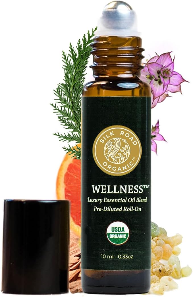 Silk Road Organic Wellness Essential Oil Vitality Blend Roll On - 100% Pure USDA Certified Frankincense, Cypress, Cedarwood, Clary Sage, Orange - Thrive Naturally, 10 ml Roller-VivaGrace Women