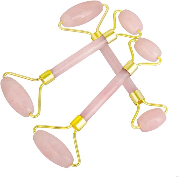 Rockcloud Natural Crystal Stone Roller Massager Double Neck Face & Neck Massage Therapy Anti-Aging Wrinkle Healing Slimming Skincare Tool,Rose Quartz-VivaGrace Women