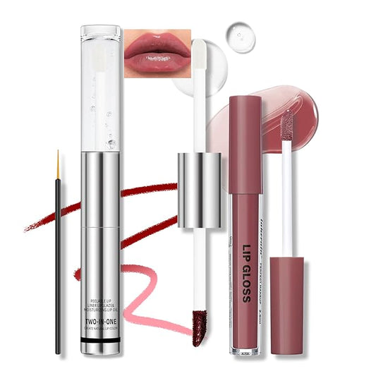 Dual-Ended Peel Off Lip Stain Liner, Long Lasting Waterproof Peel Off Lip Liner Tattoo with Nourishing Clear Gloss Combo Set, Transfer-Proof Non-Stick Cup Shiny Lips Tint Lipstick Makeup07-VivaGrace Women
