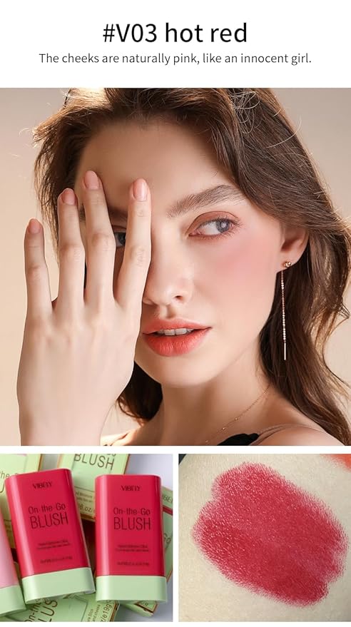 Multi-Use Makeup Blush Stick, Cream Blush Stick, Tinted Solid Moisturizer Stick for Cheek & Eyes & Lips, Waterproof Natural Nude Makeup, Suitable for All Skin (2#Hot Red)-VivaGrace Women