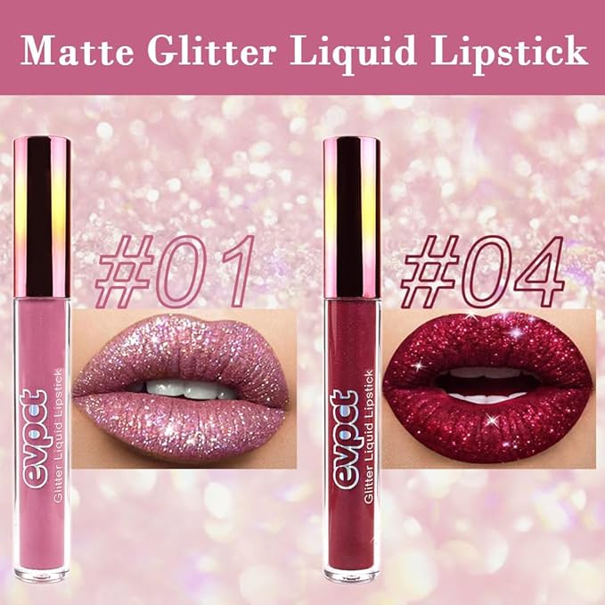 evpct 2Pcs Mauve & Dark Red Matte to Glitter Liquid Lipstick Set Kit for Women Long Lasting Glossy Metallic Shimmer Sparkle Lipstick Lip Gloss 01+04-VivaGrace Women
