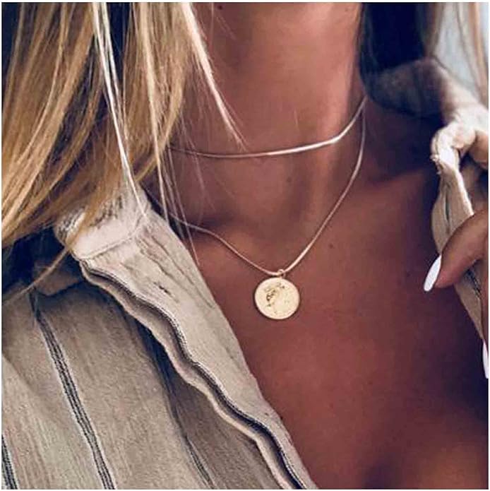 Boho Layered Coin Necklace Choker Gold Medallion Pendant Necklace Round Disc Necklace Vintage Snake Chain Necklace Jewelry for Women-VivaGrace Women
