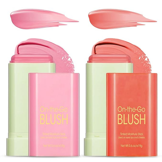 Buqikma Blush Stick Hydrated Solid 2PCS Blush Stick for Cheeks - Soft Cream Blush Stick Natural Matte Makeup Blush Stick Cream Blush Moisturizer Stick for Face,Lips and Eyes (Shy Pink+Orange)-VivaGrace Women