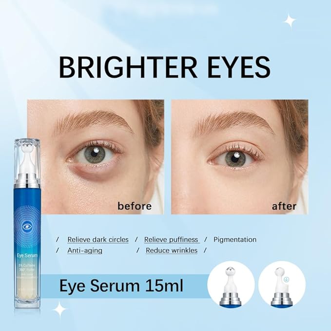 5% Caffeine Eye Serum with 360° Massage Rollerball Topper,Caffeine Eye Cream for Dark Circles,Wrinkles,Puffiness and Fine Lines,Under Eye Roller Cream Eye Bags Treatment for Women and Men-VivaGrace Women