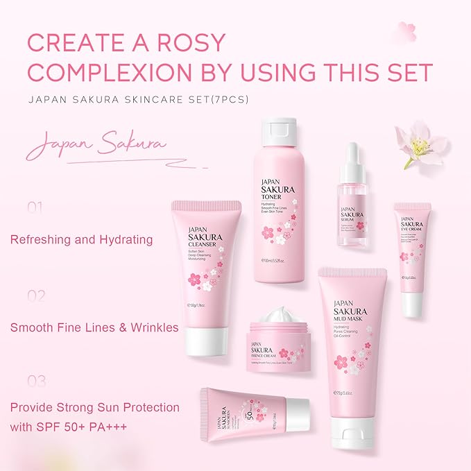 Skin Care Set JAPAN-SAKURA Women Beauty Gift Sets Skin Care Kit, Self-Care Skincare Set: Cleanser,Toner,Serum,Cream,Mud Mask,Eye Cream,Sunscreen, Facial Kit for Women Teen Girls Mom Daughter 7pcs-VivaGrace Women