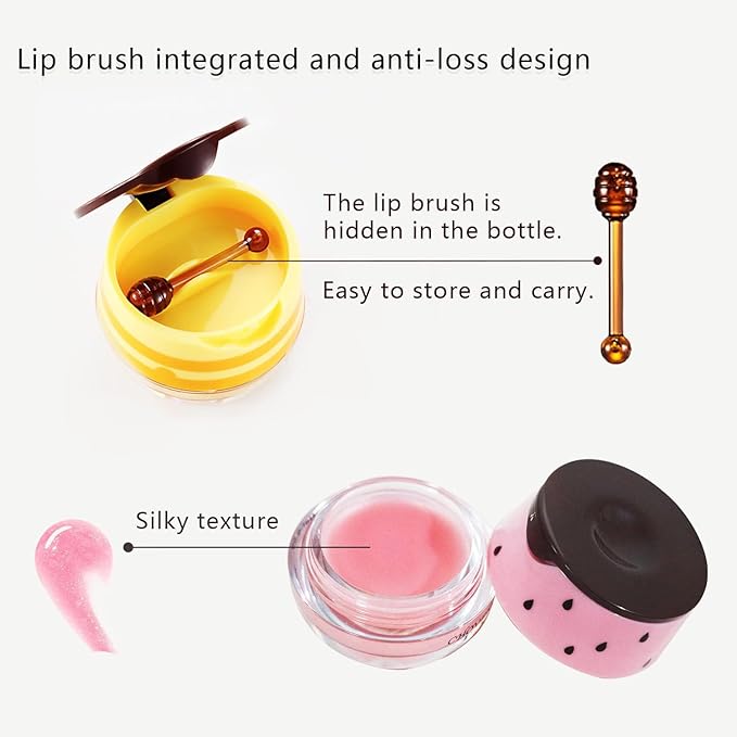 3 PCS Bee Lip Balm Honey Pot, Exfoliating Honey Strawberry Watermelon Lip Mask Overnight with Built-In Brush, Hydrating Prevention Dry and Crack Lip Scrubs Exfoliator Lip Wrinkle Care-VivaGrace Women