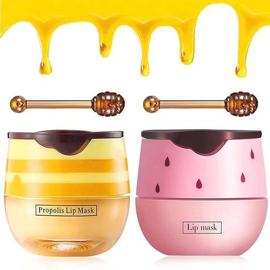 2PCS Bee Lip Balm Honey & Strawberry Lip Balm, Exfoliating Honey Pot Lip Balm Sleeping Lip Mask with Brush, Hydrating & Prevention Dry and Cracked, Lip Scrubs Exfoliator & Moisturizer-VivaGrace Women