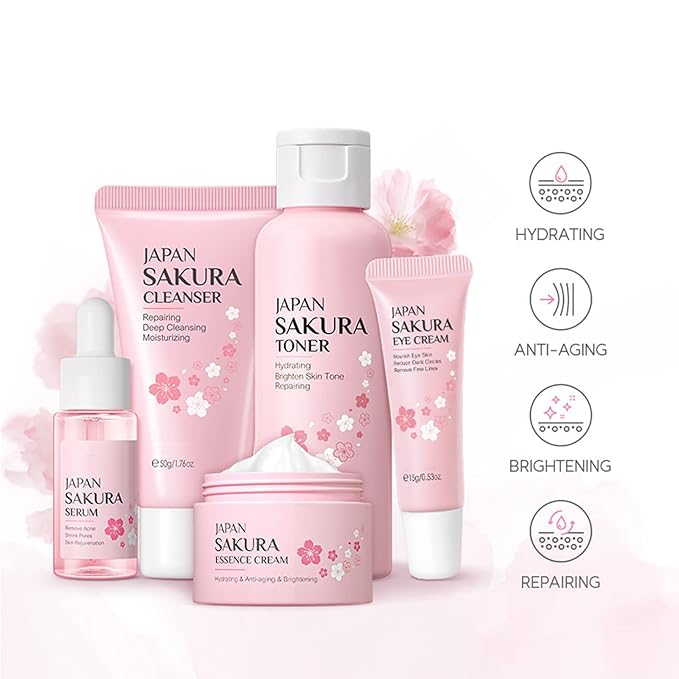 Skin Care Set - Women Gift Sets - Sakura Skin Care Sets & Kits - Gift Set with Cleanser,Toner,Serum,Eye Cream,essence Serum - Beauty Products For Women (SetC)-VivaGrace Women