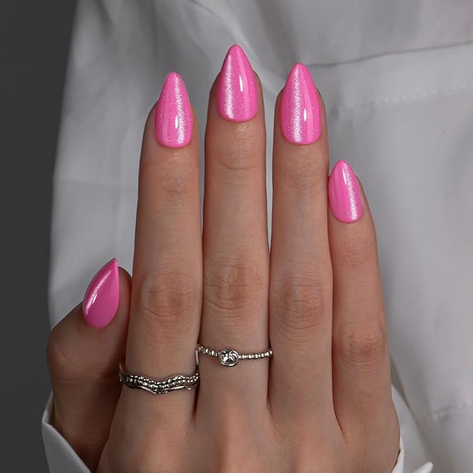 KQueenest 30 Pcs Cat Eye Hot Pink Press on Nail Short Medium Almond, Glitter Fake Nails Glue on Bling, Sparkle Thick Acrylic Nails Press on, Cute Reusable False Nails for Women Nail Art