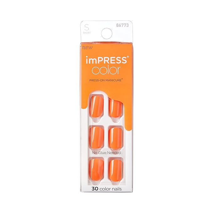 KISS imPRESS Color Press-On Nails Polish-Free Manicure Set, ‘Sweet Mango’, 30 Chip-Proof, Smudge-Proof Fake Nails