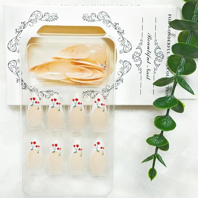 French Tip Almond White Fake Nails with Cherry Design - Nude Full Cover Cute False Reusable Artificial Acrylic Nails for Women & Girls - 24pcs